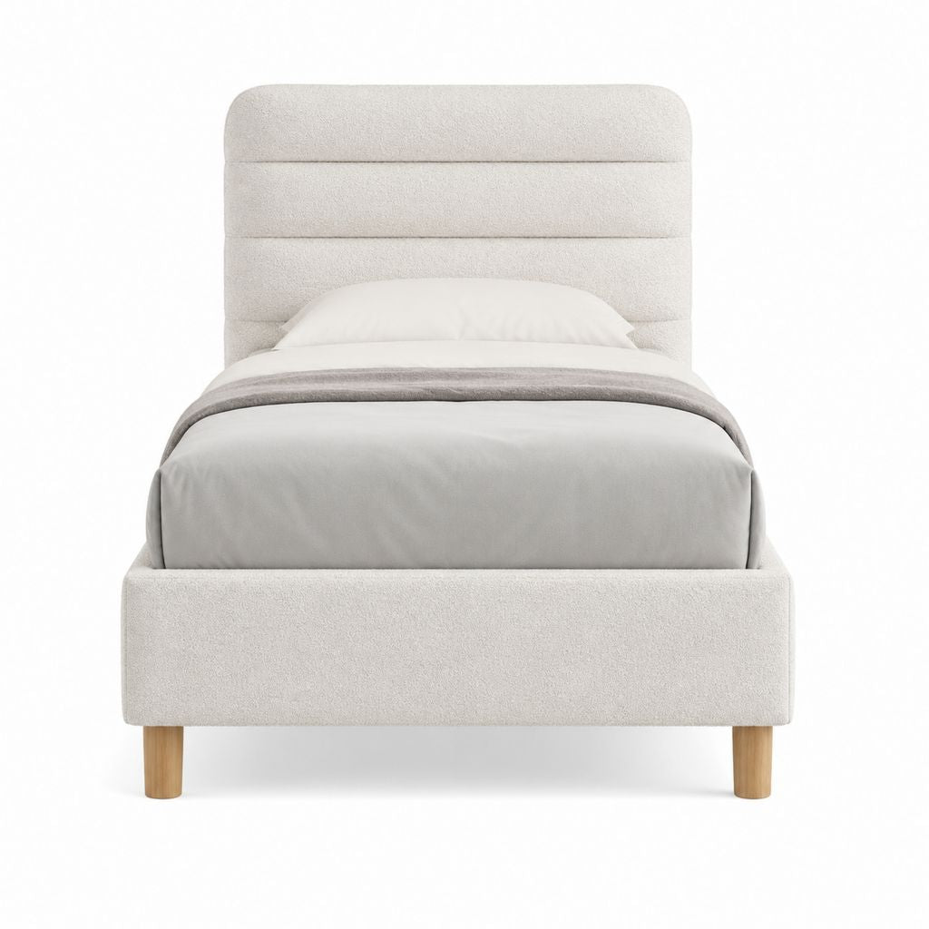 Lit simple capitonné beige en polyester bouclette avec sommier 90 x 190 cm