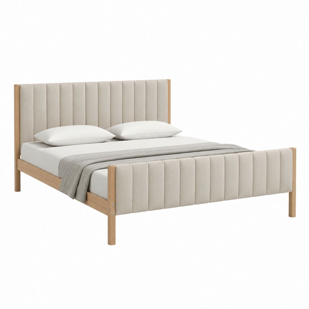 Cadre de lit double 160 x 200 cm beige en bois massif et polyester avec tête de lit capitonnée