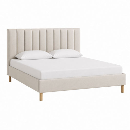 Lit double 160 x 200 cm beige en polyester avec tête de lit capitonnée