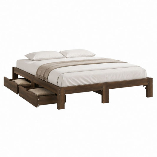 Lit double avec 2 tiroirs en pin massif marron foncé 160 x 200 cm