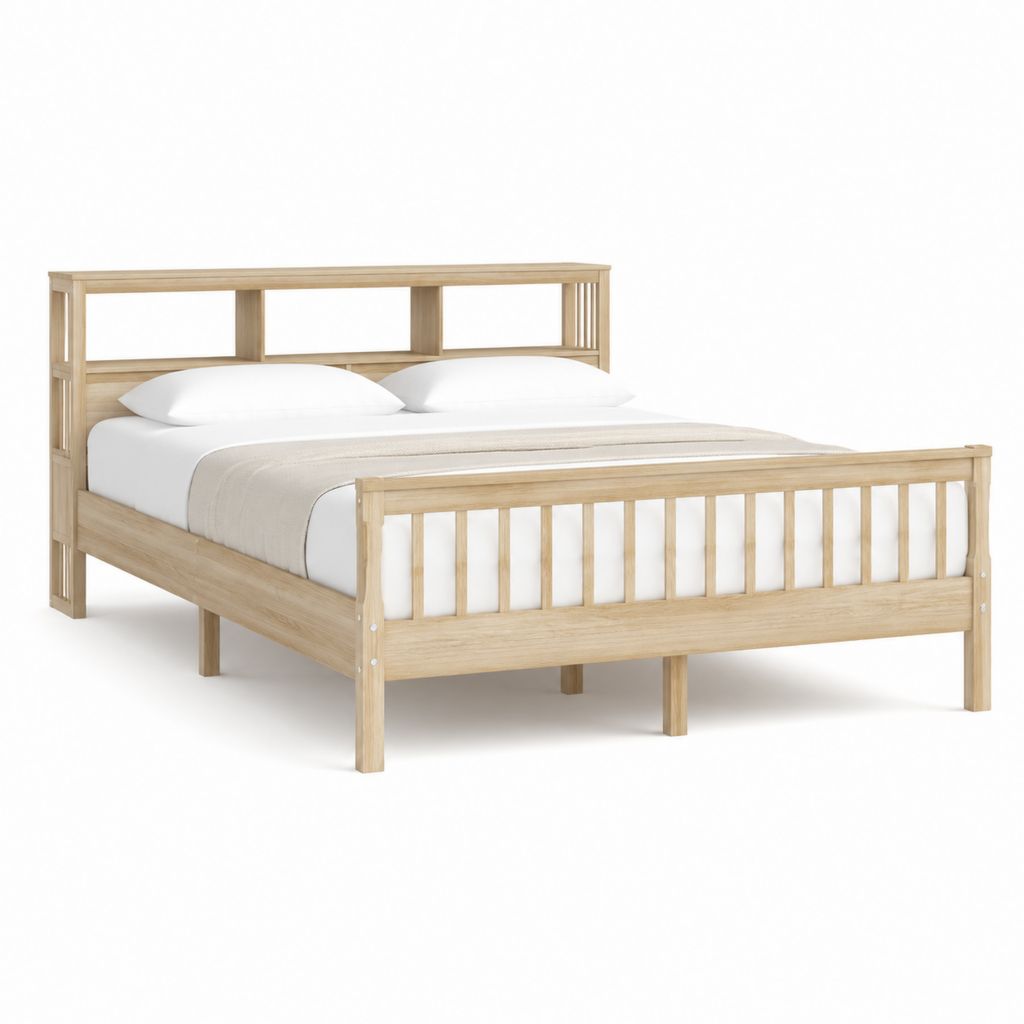Cadre de lit double en bois massif naturel rectangulaire 160 x 200 cm