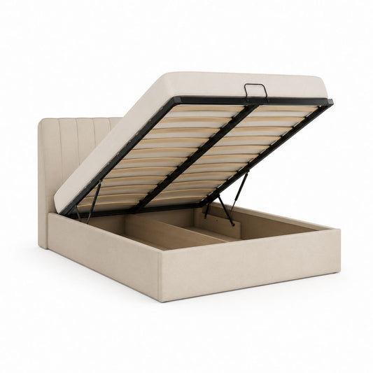 Lit coffre beige en polyester avec tête de lit capitonnée 160 x 200 cm