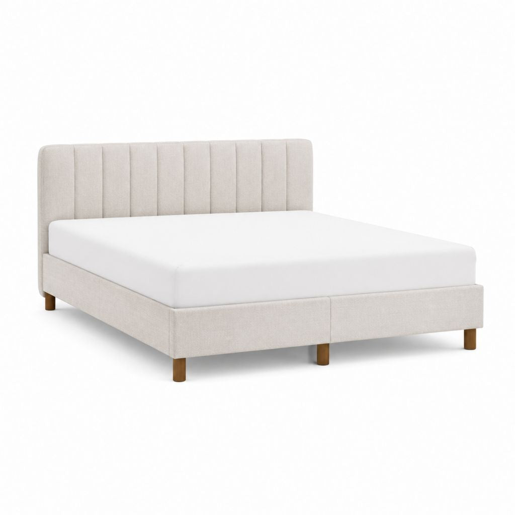 Lit double 160 x 200 cm beige en polyester avec tête de lit capitonnée et pieds en bois massif
