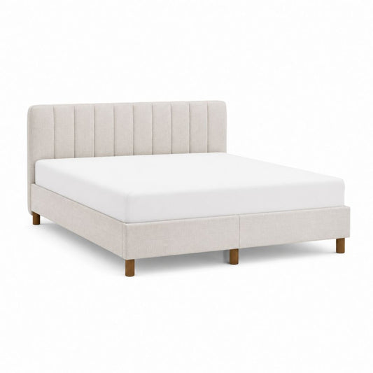Lit double 160 x 200 cm beige en polyester avec tête de lit capitonnée et pieds en bois massif