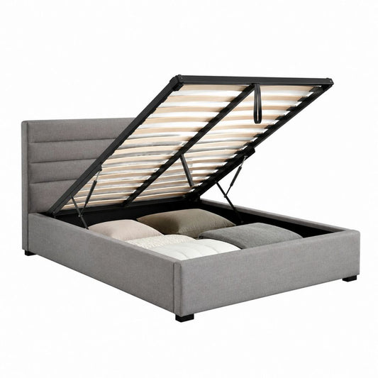 Lit coffre 160 x 200 cm gris en polyester avec sommier à lattes et vérins à gaz