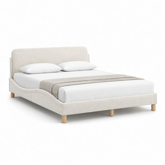 Lit double avec cadre beige en polyester et pieds en bois massif 160 x 200 cm