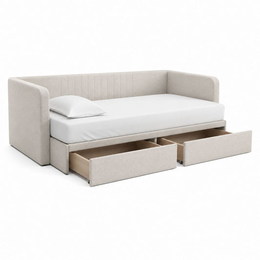 Lit banquette 90 x 200 cm beige en polyester avec 2 tiroirs de rangement