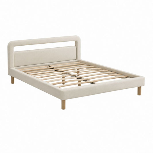 Cadre de lit double 160 x 200 cm beige en polyester avec sommier à lattes et tête de lit