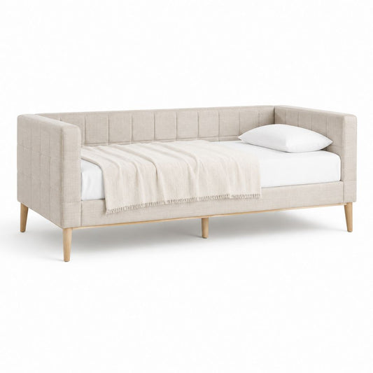 Lit banquette capitonné beige en polyester 90 x 200 cm avec structure en bois massif