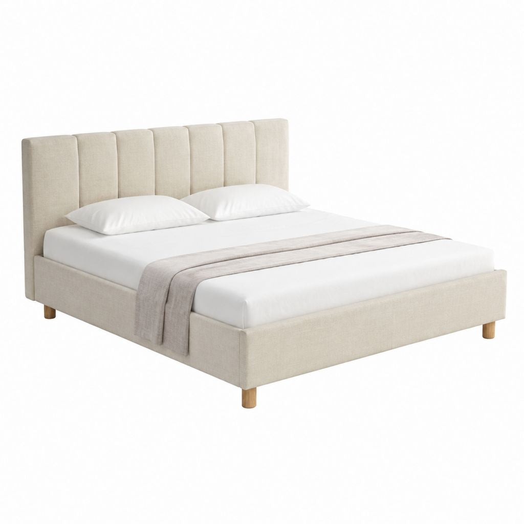 Lit double capitonné beige en polyester avec tête de lit 160 x 200 cm