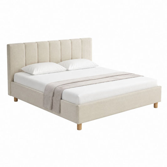 Lit double capitonné beige en polyester avec tête de lit 160 x 200 cm