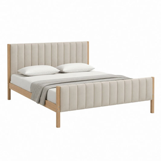 Cadre de lit double 160 x 200 cm beige en bois massif et polyester avec tête de lit capitonnée