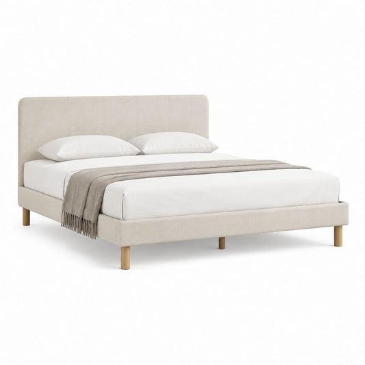 Cadre de lit double beige en polyester avec tête de lit rembourrée 160 x 200 cm