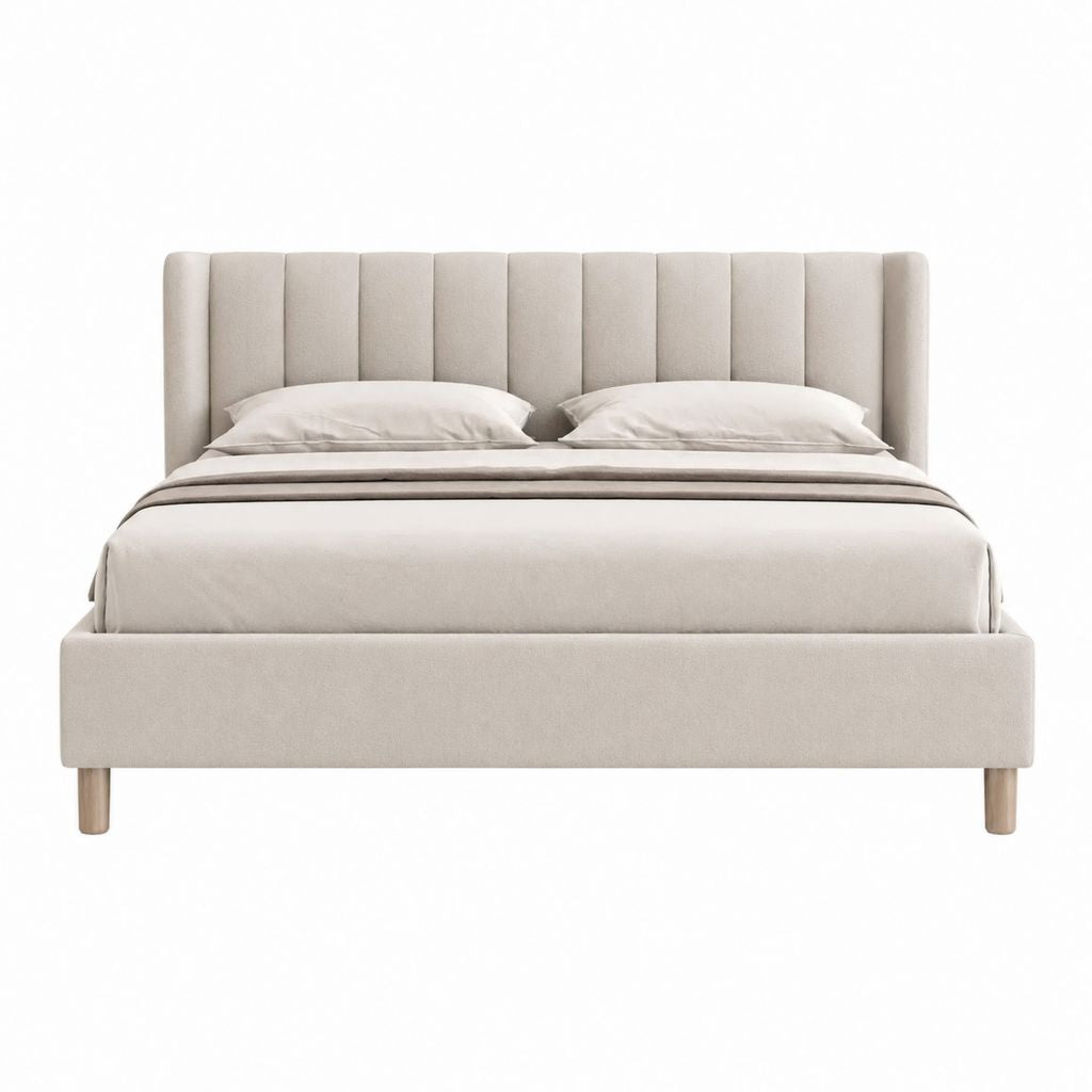 Lit double avec cadre beige en polyester et tête de lit capitonnée 160 x 200 cm