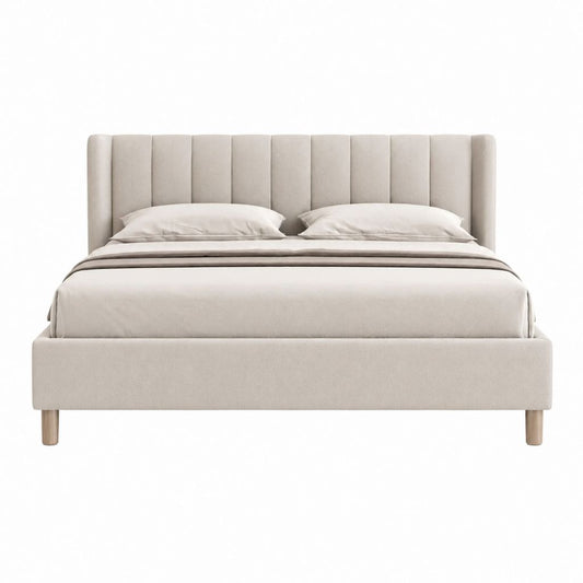 Lit double avec cadre beige en polyester et tête de lit capitonnée 160 x 200 cm