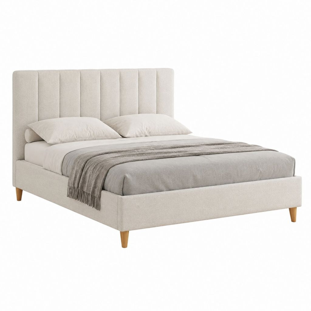 Lit double avec cadre beige en polyester rectangulaire pour matelas 160 x 200 cm 172 x 214 x 115 cm