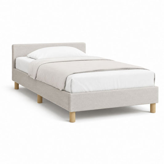 Lit double avec cadre de lit beige en polyester et pieds en bois massif 140 x 190 cm