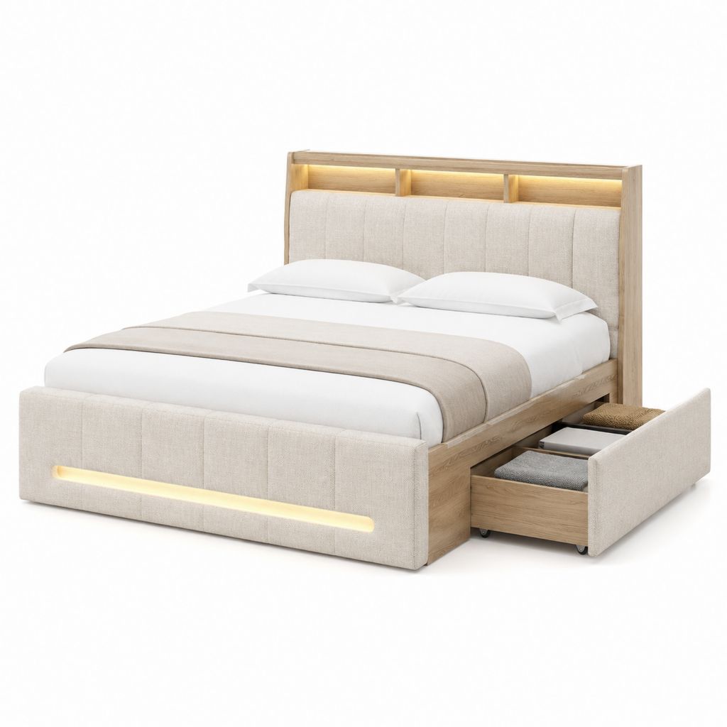 Lit double 160 x 200 cm beige et chêne clair avec rangement LED