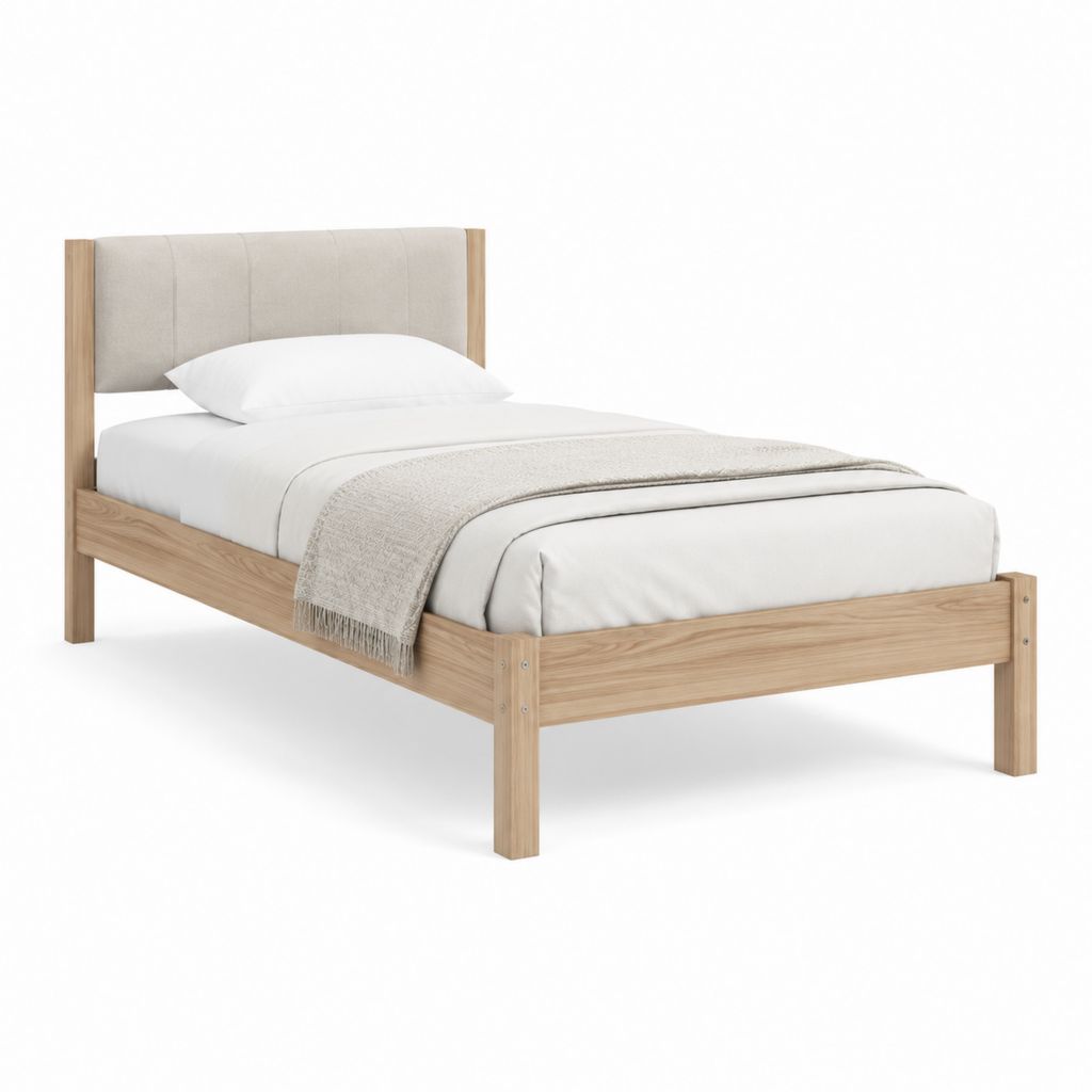 Cadre de lit simple 90 x 190 cm beige et chêne avec tête de lit capitonnée