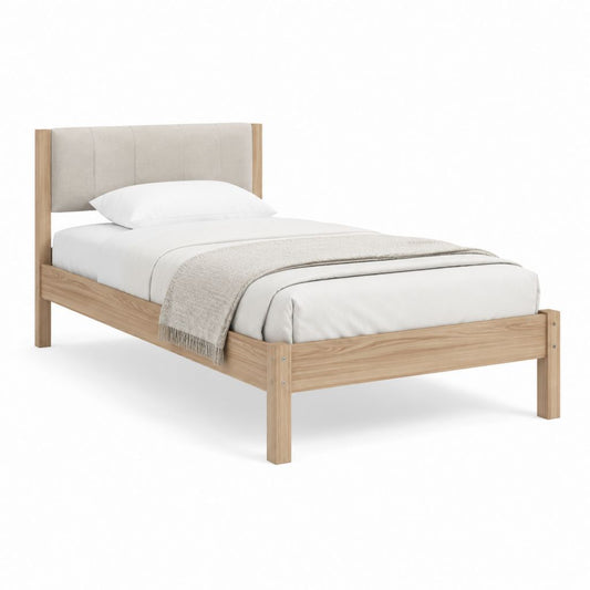 Cadre de lit simple 90 x 190 cm beige et chêne avec tête de lit capitonnée